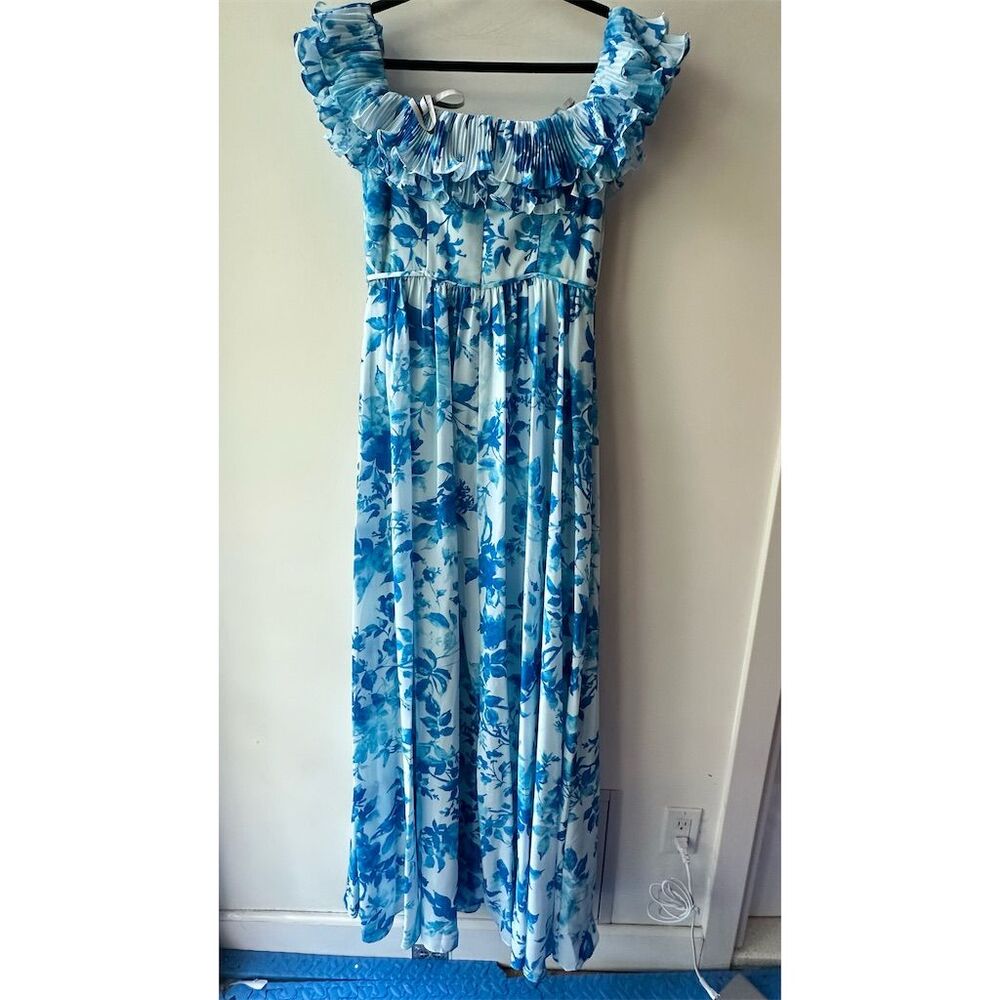 Monique Lhuillier nwt off shoulder Blue Floral Maxi Dress Size 4   1409 - Picture 2 of 6